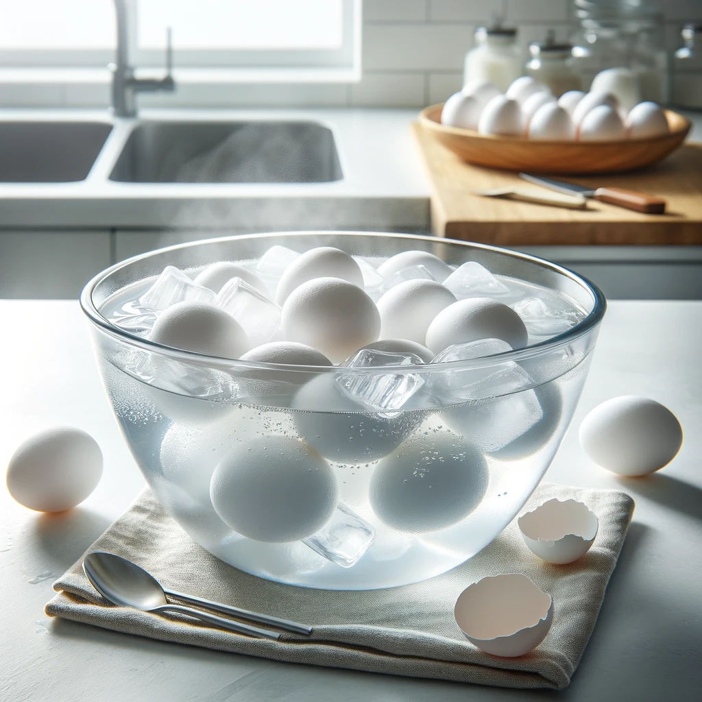 Ice Water Bath, Essential for cooling the eggs quickly after cooking.